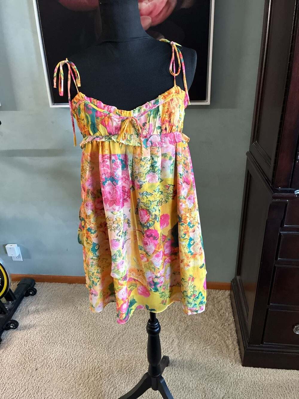 Yellow Floral Print Chiffon Ruffle Spaghetti Strap Mini Dress Sz S A692